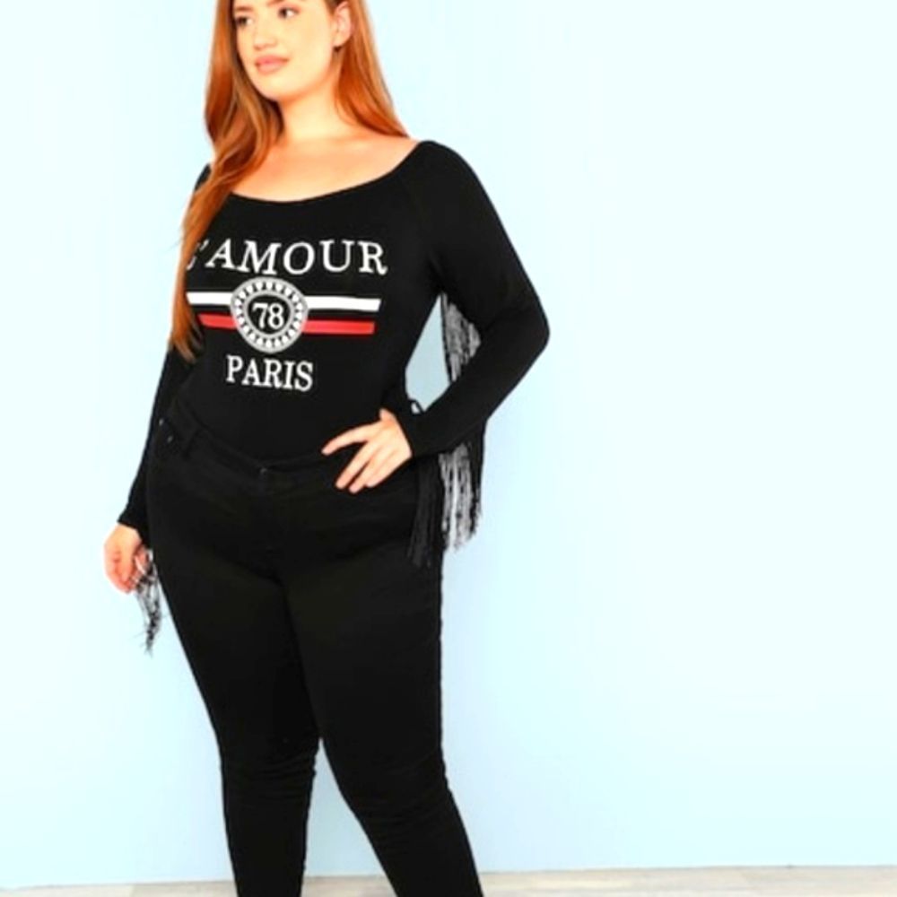Black Fringe Detail Form Fitting Bodysuit